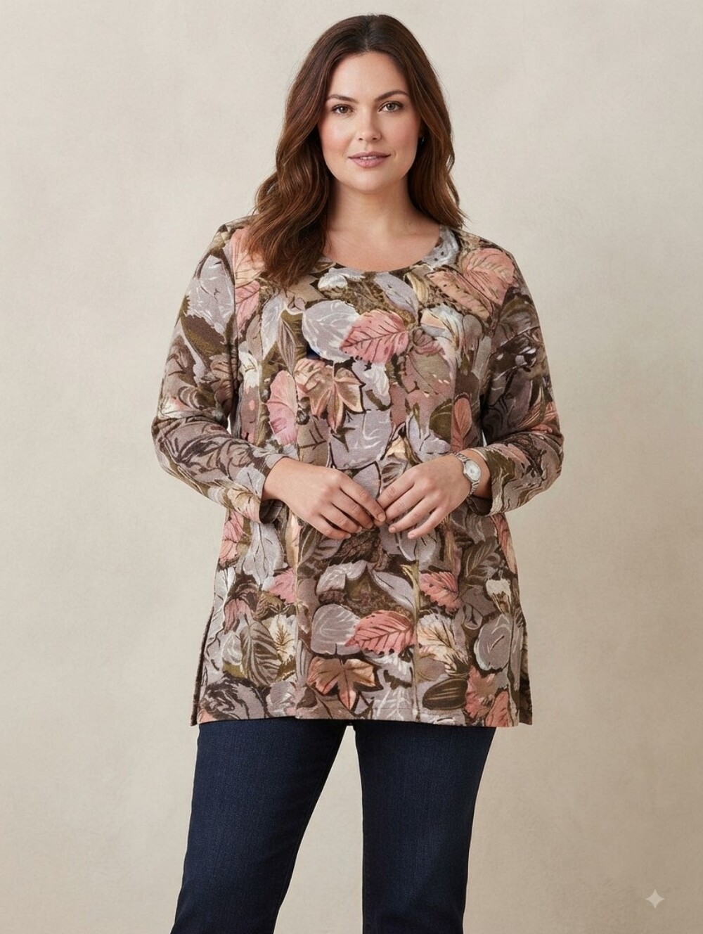 Fitting Image Women's Brown Floral Long Sleeve Top Size 1X